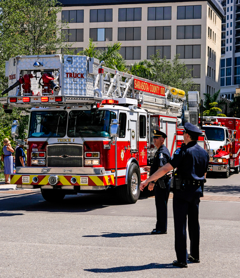 Firetruck and police officers